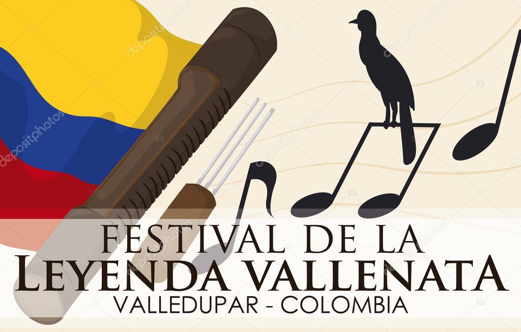 Colombian Flag, Music Notes and Guacharaca for Vallenato Legend Festival, Vector Illustration