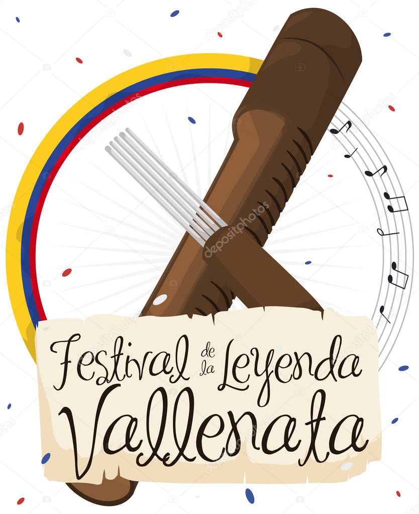 Musical Button with Scroll and Guacharaca for Vallenato Legend Festival, Vector Illustration