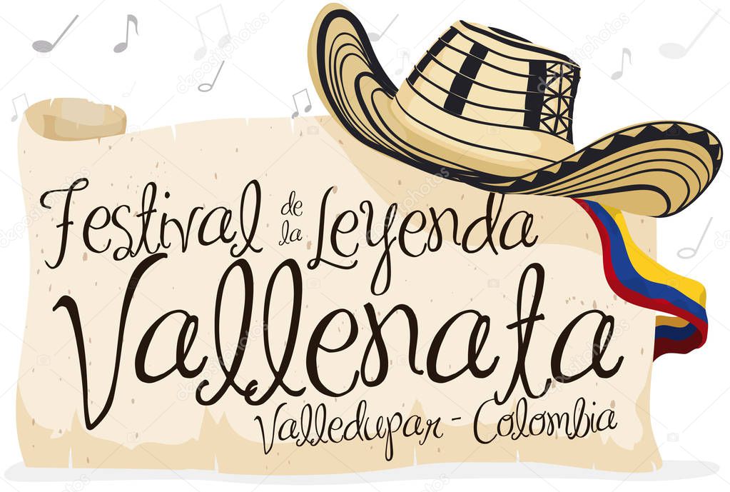 Vueltiao Hat, Scroll and Greeting Scroll for Vallenato Legend Festival, Vector Illustration