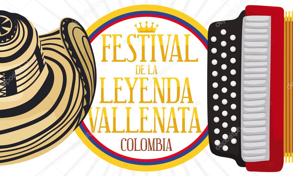 Commemorative Design with Hat and Accordion for Vallenato Legend Festival, Vector Illustration