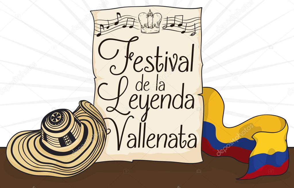 Vueltiao Hat, Flag and Scroll Promoting Vallenato Legend Festival, Vector Illustration