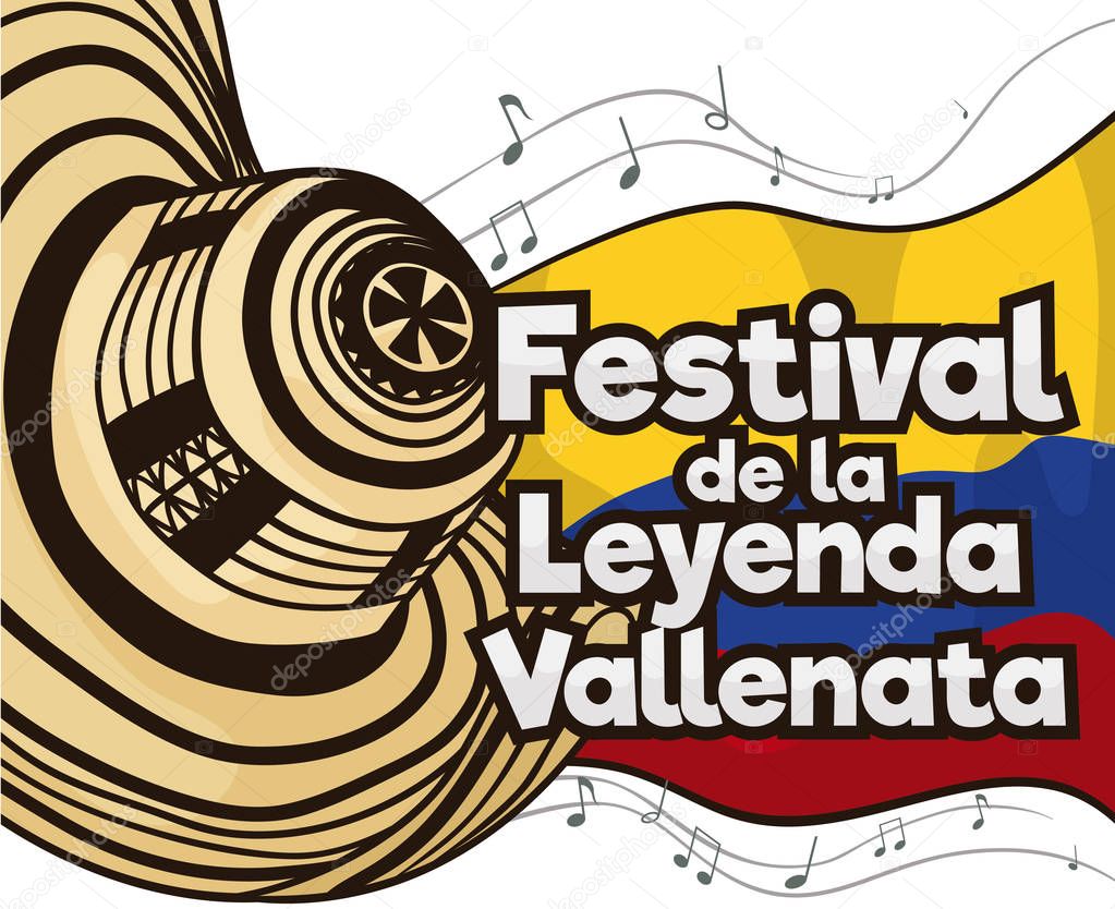 Festive Vueltiao Hat and Musical Notes for Vallenato Legend Festival, Vector Illustration
