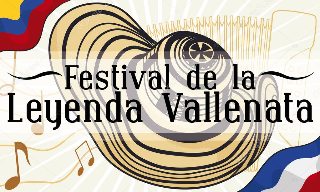 Elements to Celebrate Vallenato Legend Festival: Accordion and Vueltiao Hat, Vector Illustration