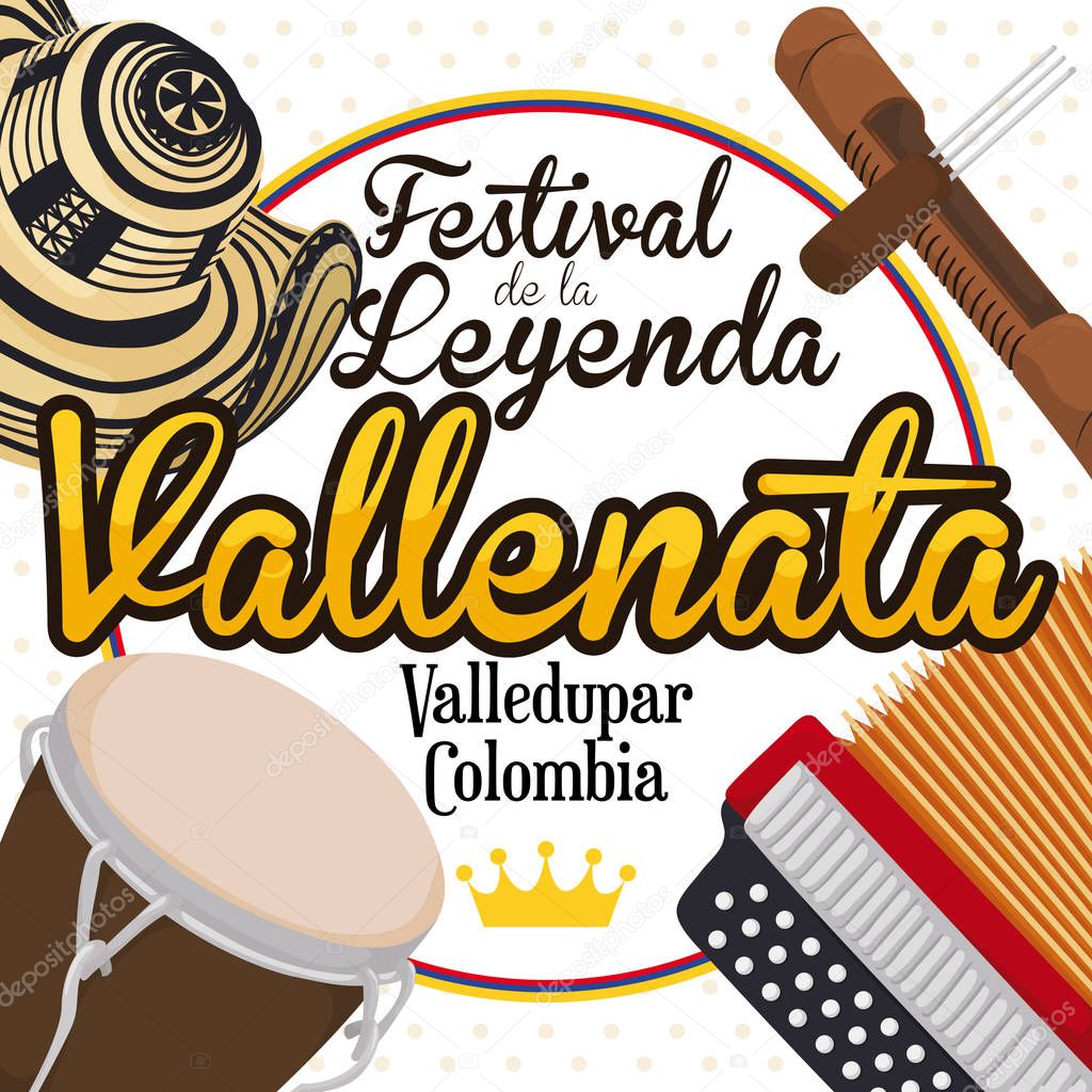 Traditional Elements to Celebrate the Colombian Vallenato Legend Festival, Vector Illustration
