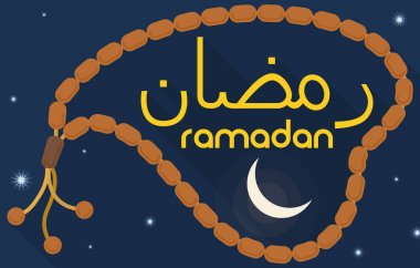 Ay, yıldızlar ve Masbaha ile gece görünümü için Ramazan, illüstrasyon vektör