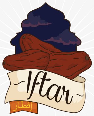 Arkasında şerit Iftar veya akşam yemeği için lezzetli tarihleri illüstrasyon vektör