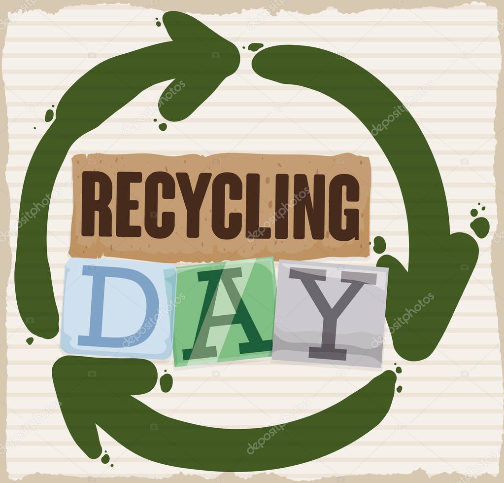 Sign completely made with recycled materials: cardboard, plastic, glass and metal promoting the proper trash sorting over the traditional arrows symbol for Recycling Day.