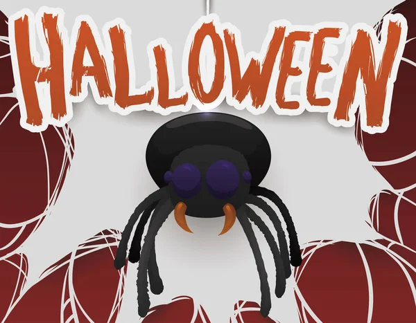 Pająk wiszący nad Cobweb na Halloween uroczystości, Wektor Ilustracja — Wektor stockowy