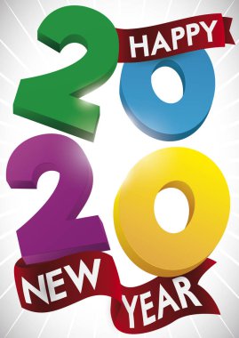 2020 Yılını Kutlamak İçin Çok Renkli Sayılar ve Kurdeleler, Vektör İllüzyonu