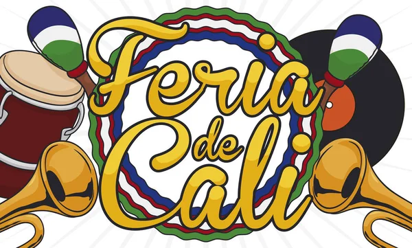 Instrumentos de Salsa y Etiqueta listos para la celebración de Feria de Cali, Ilustración Vectorial — Archivo Imágenes Vectoriales