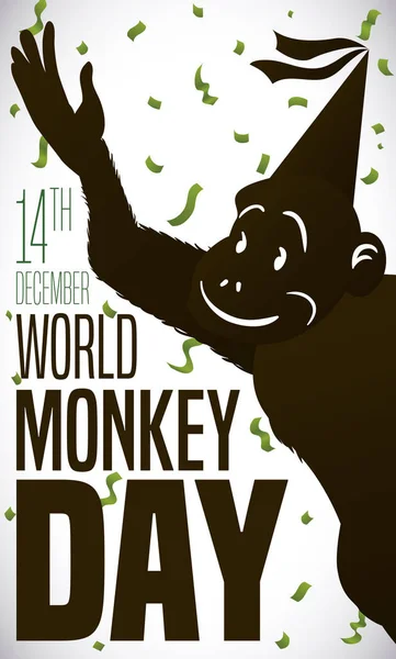 Feliz Macaco Celebrando seu Dia com Chapéu de Festa e Confetti, Ilustração do Vetor —  Vetores de Stock
