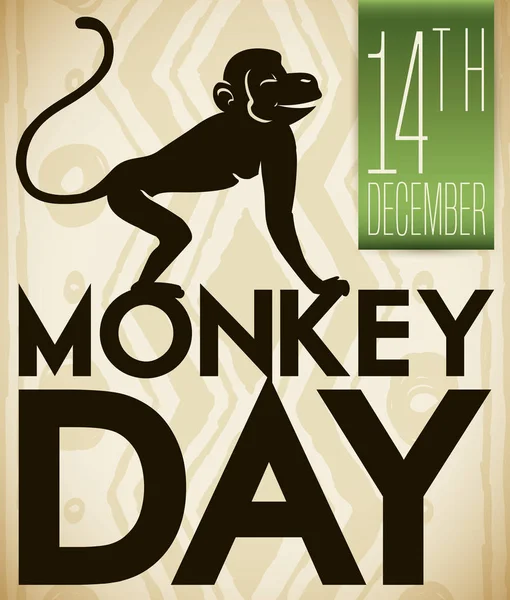 Tribal Pattern, Primate Silhouette and Label for Monkey Day Celebration, Vector Illustration — Stock Vector