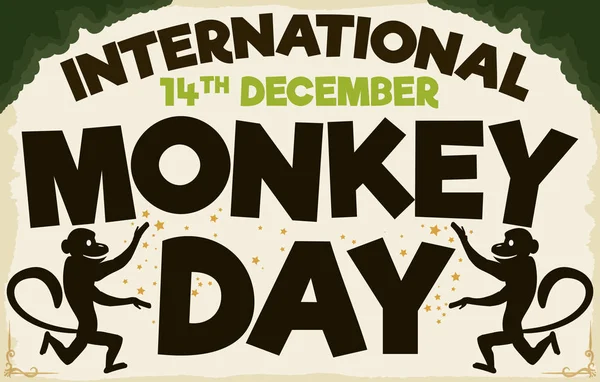 Primates presentando un diseño para la celebración del Día Internacional del Mono, ilustración vectorial — Vector de stock
