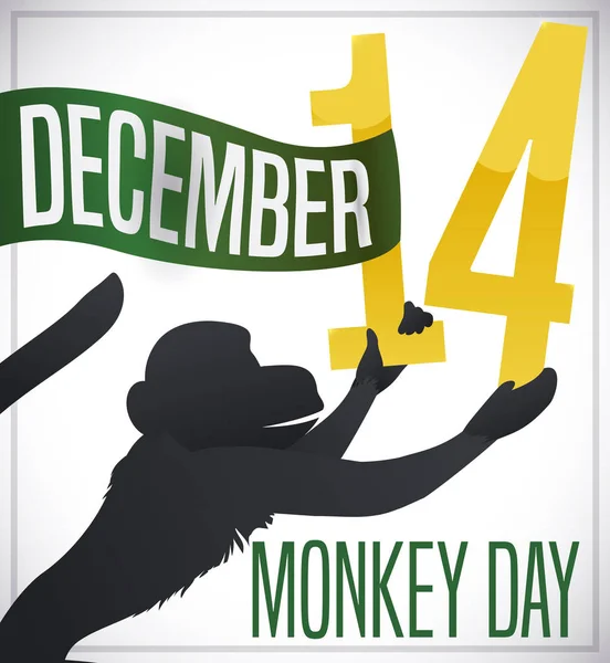 Primate Silhouette Holding Data i wstążka na Dzień Małpy, Wektor Ilustracja — Wektor stockowy