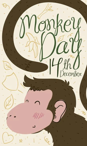 Aranyos, mosolygós főemlős firkákkal készen áll a majom napi ünneplésre, vektor illusztráció — Stock Vector