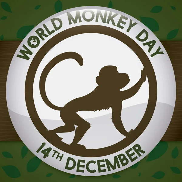 Botón conmemorativo con silueta de primates para celebrar el Día Mundial del Mono, ilustración vectorial — Vector de stock
