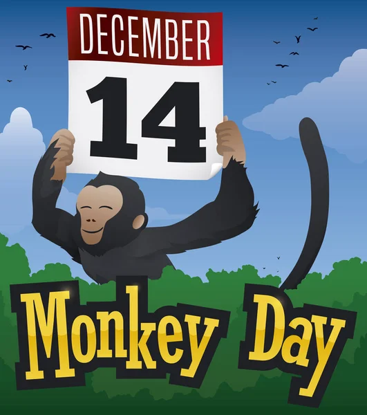 Vue Forêt avec Joyeux Primat tenant Calendrier Célébration du Jour du Singe, Illustration vectorielle — Image vectorielle