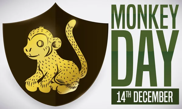 Escudo con silueta de primates para la celebración del día del mono en diciembre, ilustración vectorial — Vector de stock