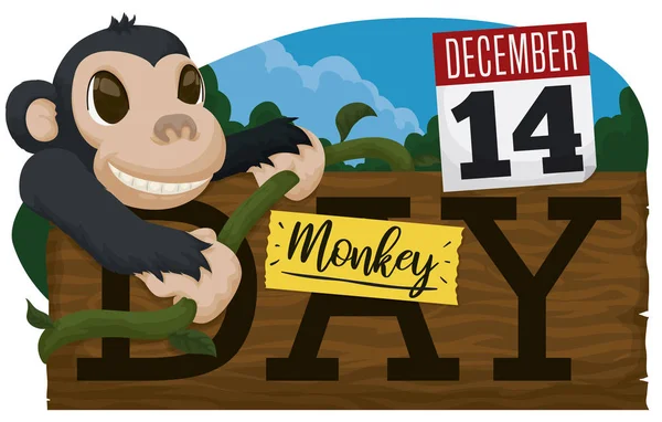 Chimp over Sign and Calendar Celebrating Monkey Day, Vector Illustration — ストックベクタ