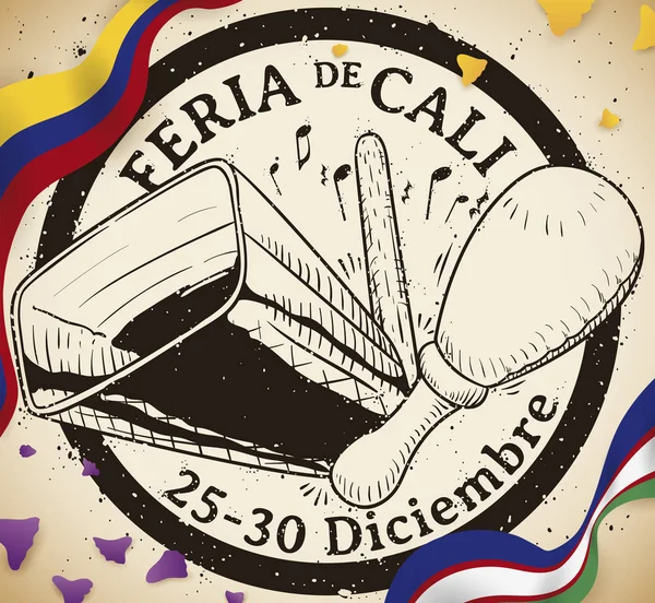 Scroll Colombia Cali Flags Guayacan Petals Stamp Maraca Cowbell Beater — ストックベクタ