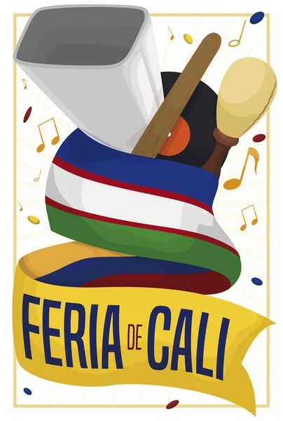 Confetti Shower Frame Emblematic Elements Celebrate Feria Cali Written Spanish — Stock Vector