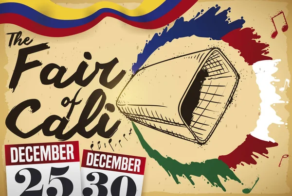 Scroll Cowbell Drawing Calendars Reminder Date Celebrate Cali Fair Decorated — ストックベクタ