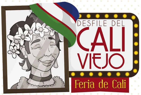 Portrait of Jovita and Cinema Sign Promoting Cali Viejo Event, Vector Illustration — Stock Vector