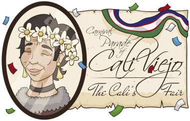 Jovita Resimli Portre ve Feria de Cali için parşömen, Vektör İllüzyonu