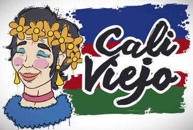 Cali Viejo Geçidi için Jovita Karakteri ve Bayrak Boyama, Vektör İllüzyonu
