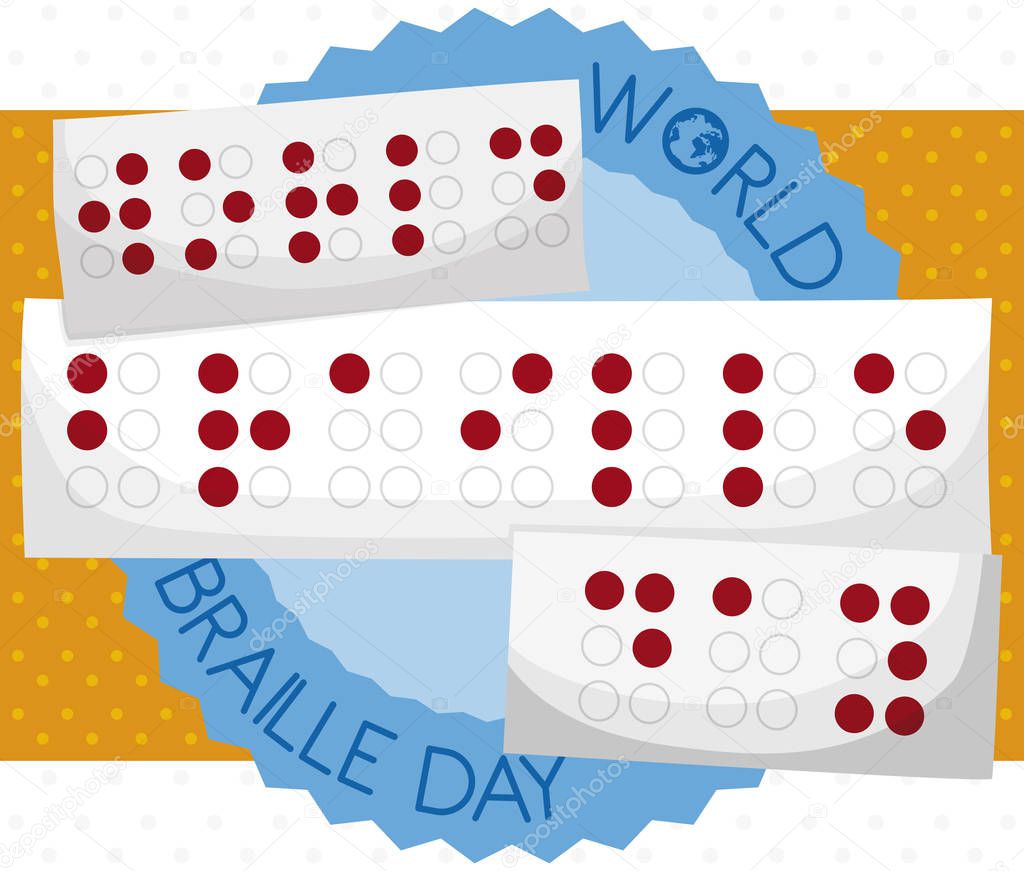 Button and Papers with Commemorative Message for World Braille Day, Vector Illustration