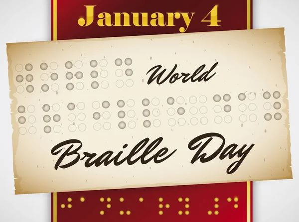 Zaproszenie napisane kodem Braille 'a i wstążką na Dzień Braille' a, ilustracja wektora — Wektor stockowy