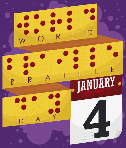 Golden Ribbon and Calendar for World Braille Day Celebration, Vector Illustration — 스톡 벡터