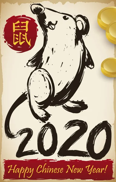 Рисунок крыс и монеты для процветающего китайского Нового года, векторная иллюстрация — стоковый вектор