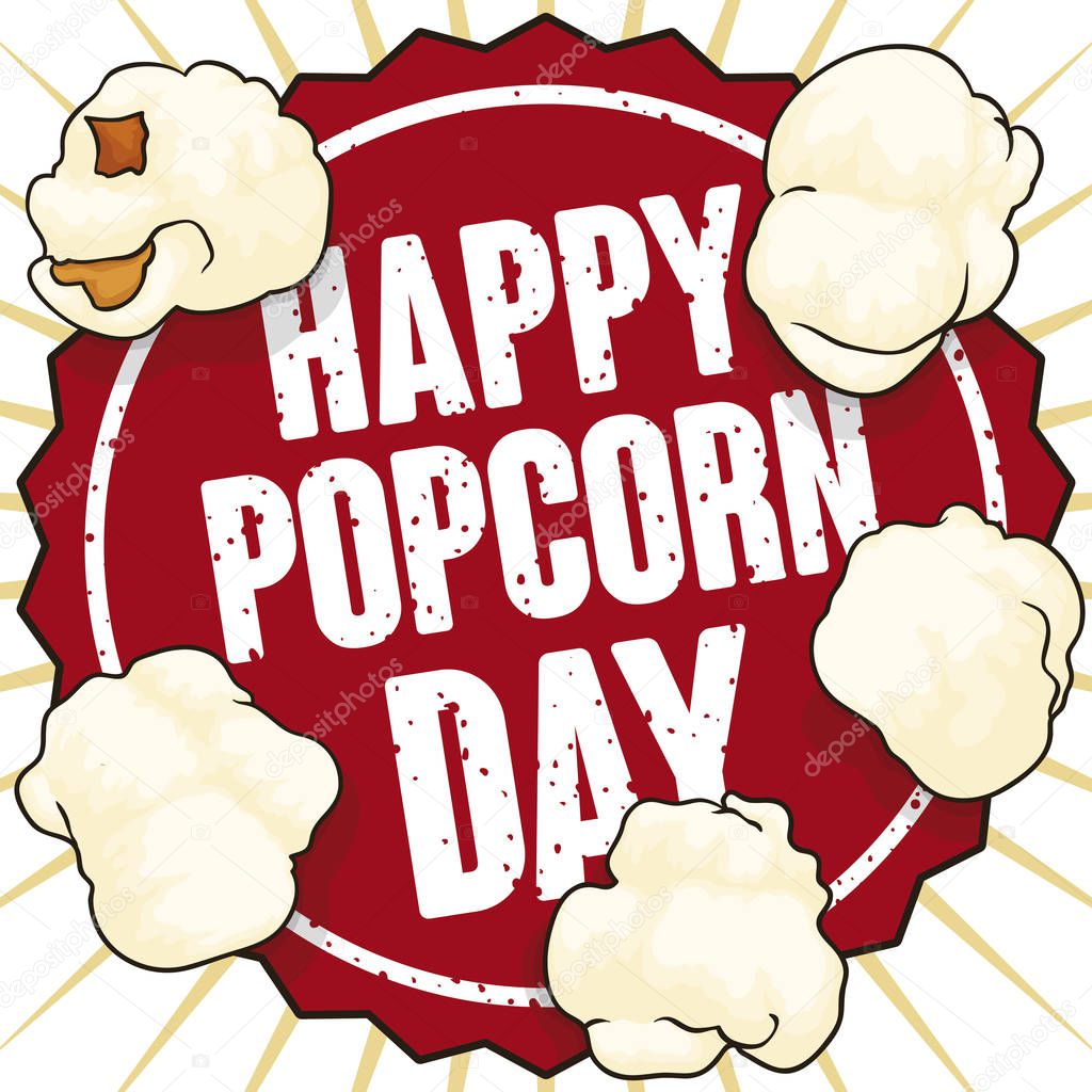 Label and Stamp with Corn Popped for Popcorn Day, Vector Illustration