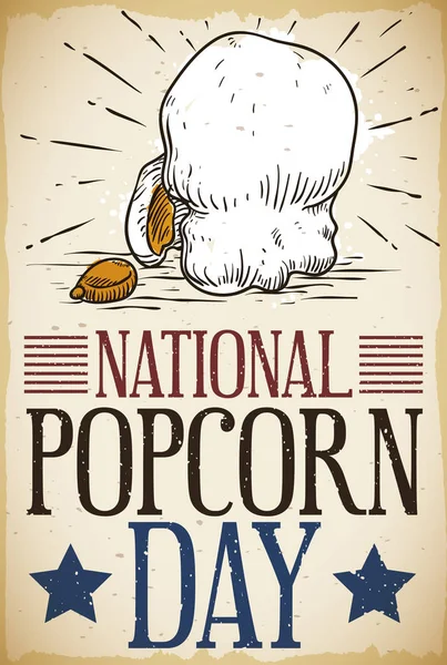 เลื่อนด้วย Retro Popped Corn Draw โปรโมชั่นวันข้าวโพดคั่วแห่งชาติ, ภาพวาดเวกเตอร์ — ภาพเวกเตอร์สต็อก