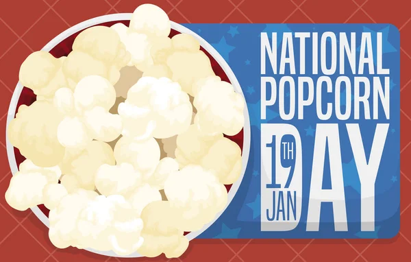 Lahodná mísa s kukuřičným lupínkem na národní oslavu popcornu, vektorová ilustrace — Stockový vektor