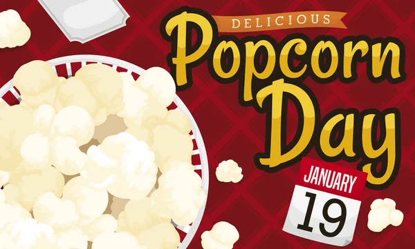Kalendář, Košík s kukuřičným lupínkem a ubrusem na Den popcornu, Vektorové ilustrace — Stockový vektor