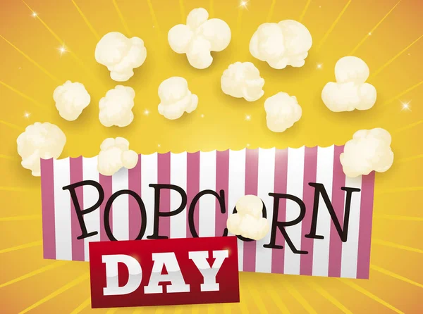 Ριγέ σύμβολο, ετικέτα και νόστιμο καλαμπόκι Popcorn Popcorn Day, διανυσματική εικονογράφηση — Διανυσματικό Αρχείο