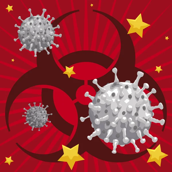 Biohazard Symbol, Virus and Stars for Awareness about Wuhan Coronavirus, Vector Illustration — 스톡 벡터