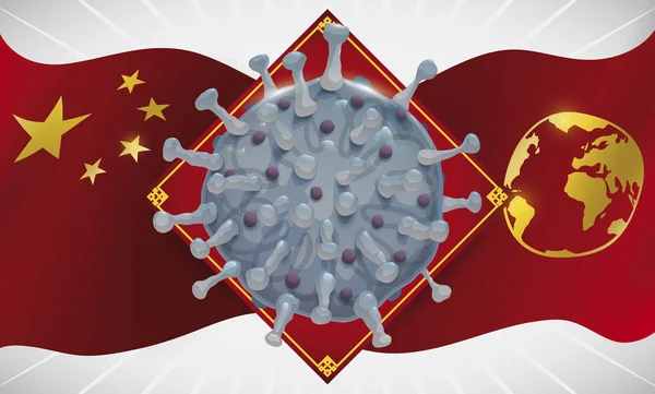Vifta Kina Flagga med Globe och Coronavirus över Rhombus, vektor Illustration — Stock vektor