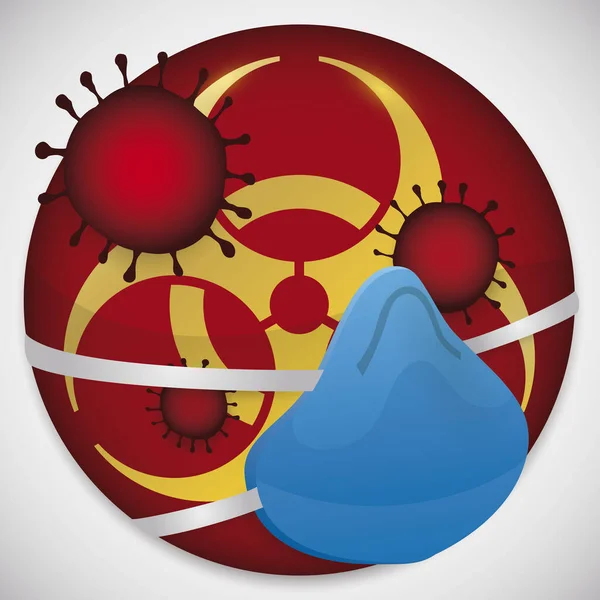 Button with Biohazard Symbol Wearing Respirator Mask and Coronavirus, Vector Illustration — 스톡 벡터