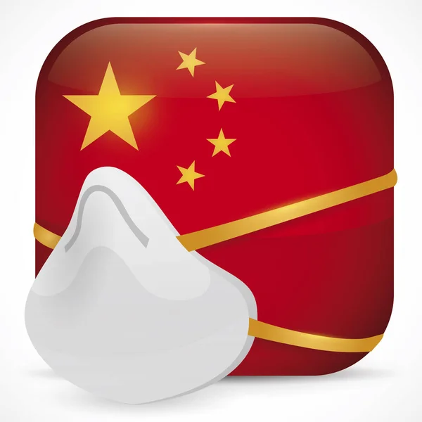 Squared Icon with China Colors and Wears Respirator Mask, Vector Illustration — стоковий вектор