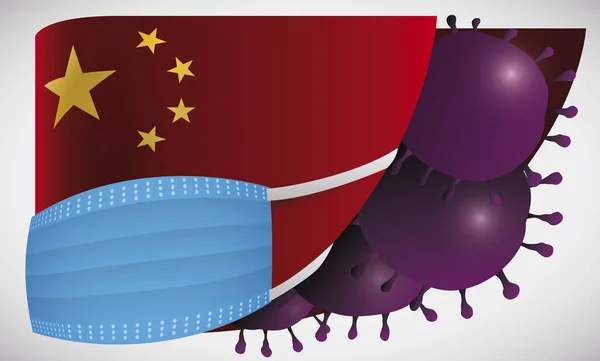 Drapeau de Chine portant un masque facial pendant l'épidémie de coronavirus, illustration vectorielle — Image vectorielle