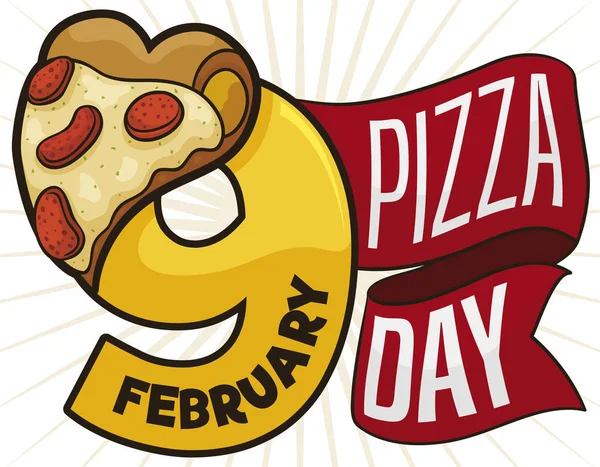 Ribbons, Date and Delicious Pepperoni Pizza to Celebrate its Day, Vector Illustration — 스톡 벡터