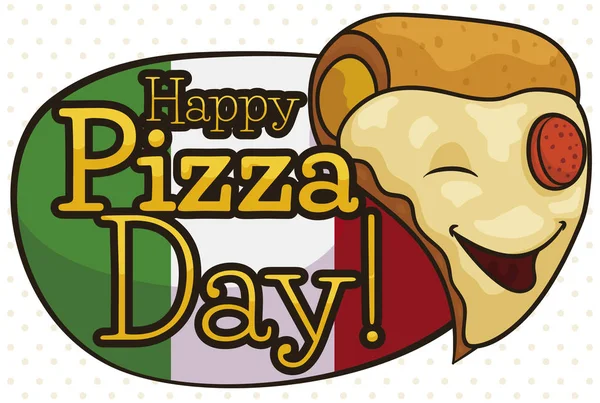Smiling Pizza Slice over Italian Sign Célébration de la Journée de la pizza, Illustration vectorielle — Image vectorielle