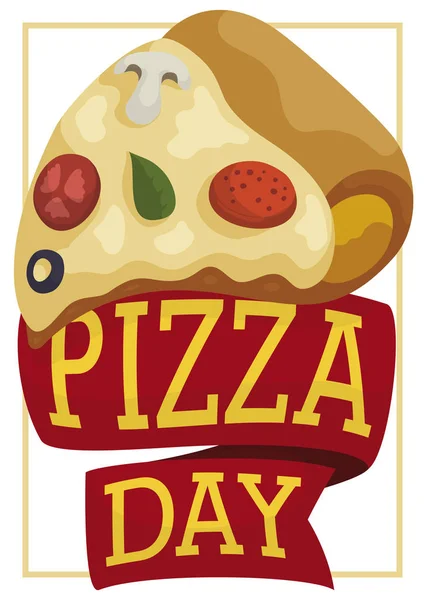 Pizza con ingredientes mezclados y cintas para celebrar el día de la pizza, ilustración vectorial — Vector de stock