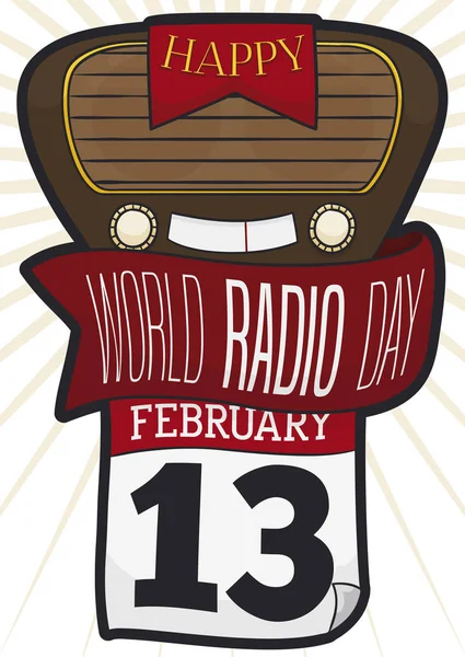 Ancienne radio, calendrier et rubans pour célébrer la Journée mondiale de la radio, illustration vectorielle — Image vectorielle