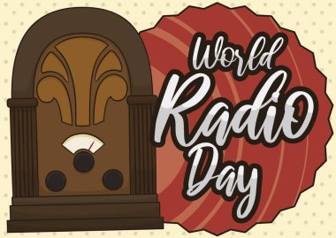 Antika Tahta Masa Üstü Katedral Stili Radyosu Gününü Kutlamak İçin Vector Illustration