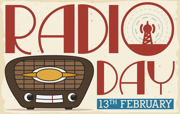 Uśmiechnięty Vintage Radio Promocja Dnia Radia w lutym 13, Ilustracja wektor — Wektor stockowy