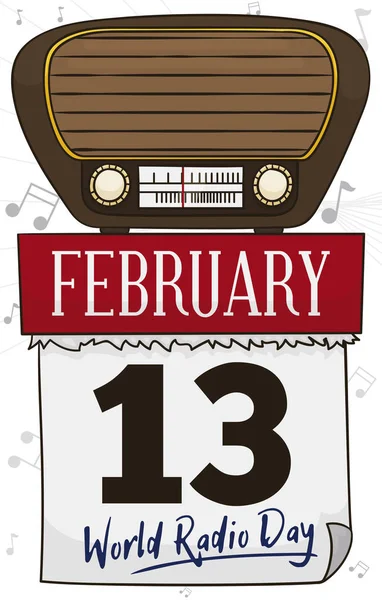 Ancienne radio sur calendrier avec date pour la Journée mondiale de la radio, Illustration vectorielle — Image vectorielle